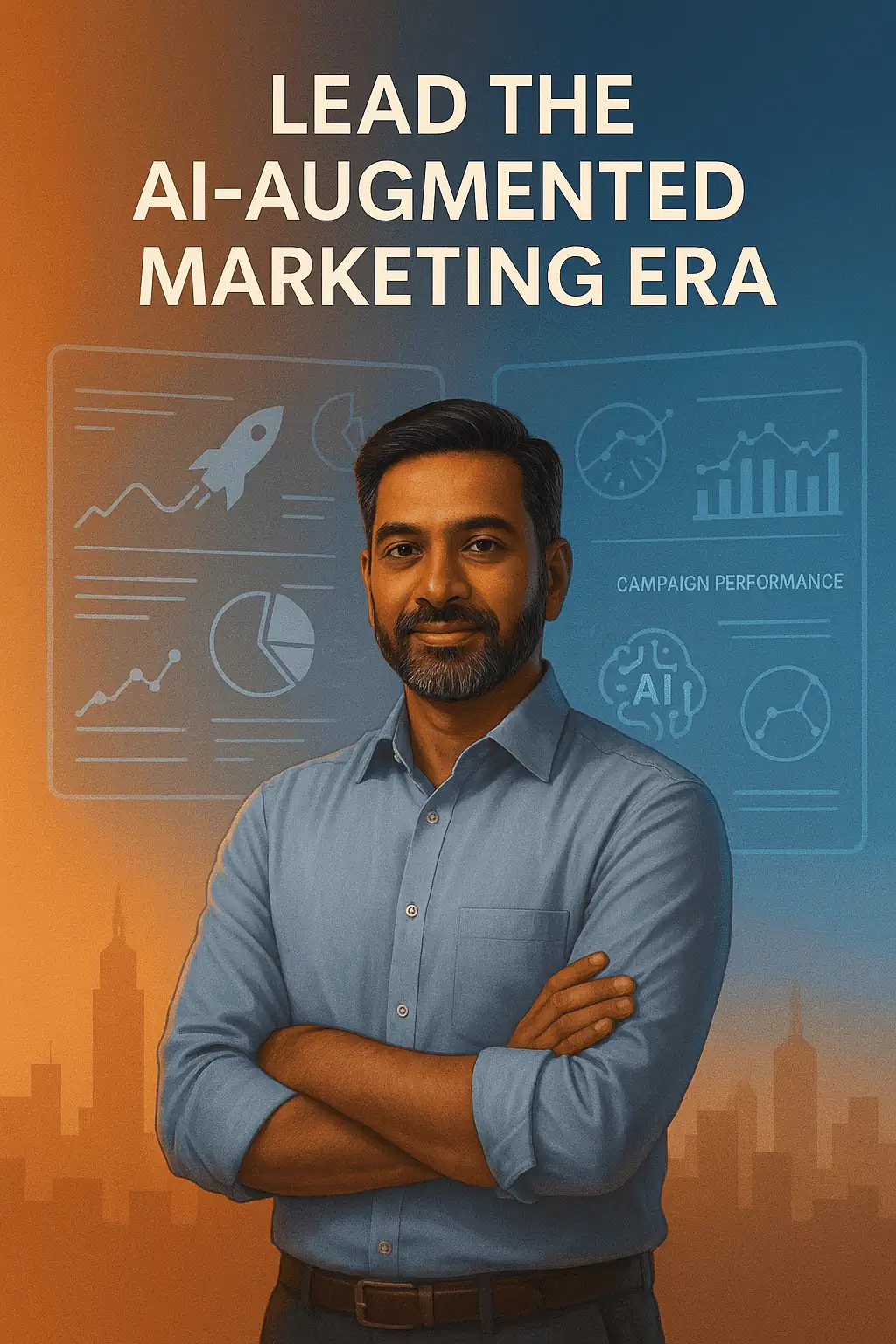 Confident Indian marketing strategist in front of AI dashboards—lead the AI-augmented era.