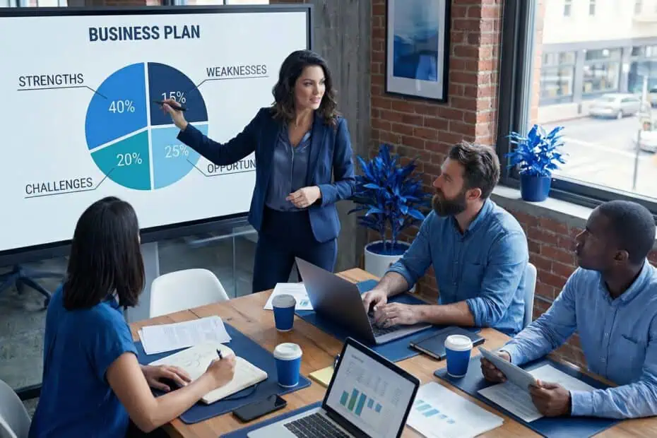 Business plan preparation visual showing SWOC analysis components