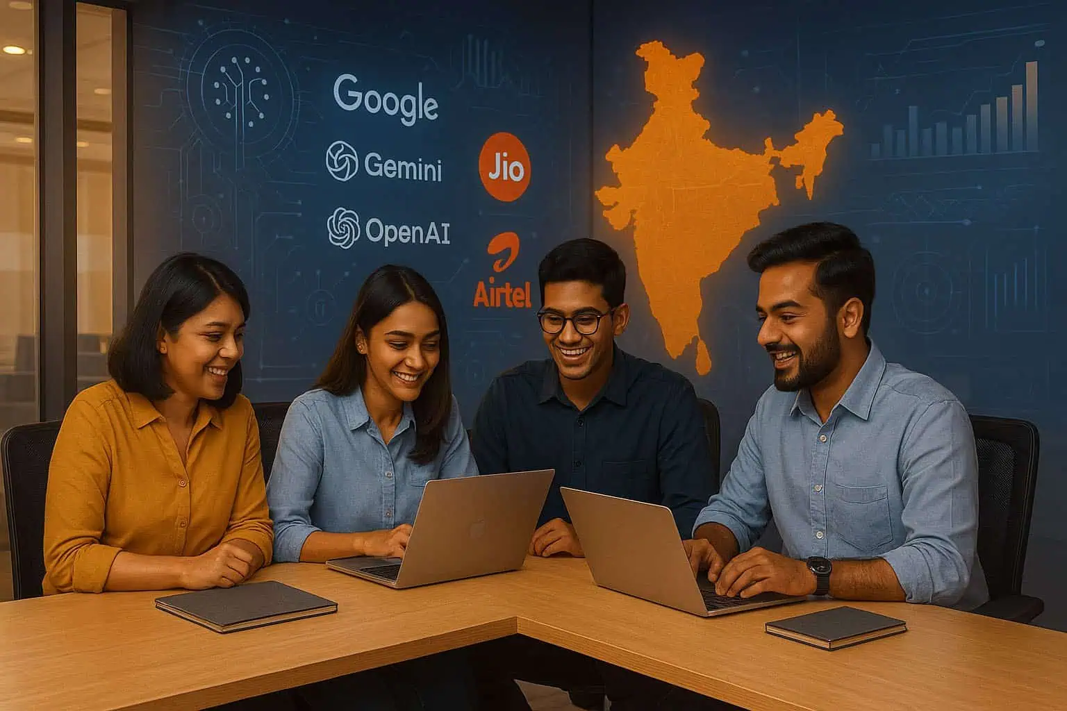 Indian marketing team collaborating; holographic board shows Google, Gemini, OpenAI, Jio and Airtel with a glowing India map.