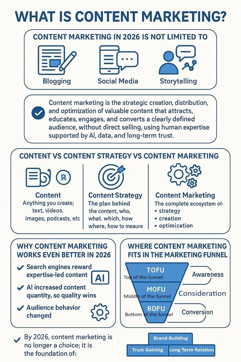 What, Why and How of Content Marketing in the AI Era - Modern Content Creation Workflow infographic for 2026