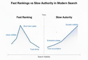 Fast and slow authority in modern search engine results. Contrast between quick rankings and durable visibility over time.