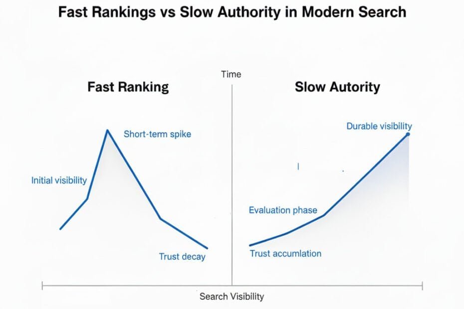 Fast and slow authority in modern search engine results. Contrast between quick rankings and durable visibility over time.
