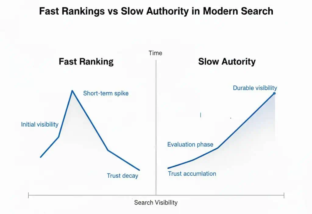 Fast and slow authority in modern search engine results. Contrast between quick rankings and durable visibility over time.