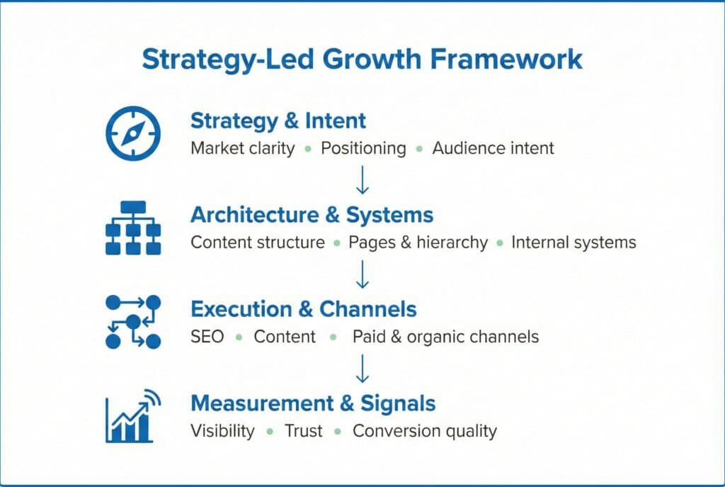 Strategy-led growth framework showing strategy, architecture, execution, and measurement layers