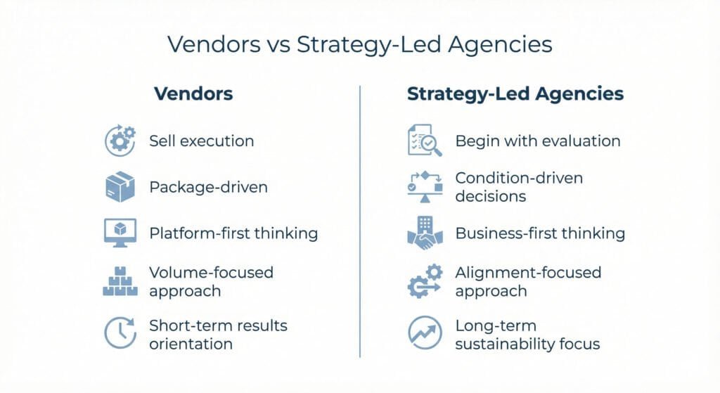 Diagram comparing vendors and strategy-led agencies, showing vendors focused on execution, packages, and volume, while strategy-led agencies begin with evaluation, alignment, and long-term sustainability.