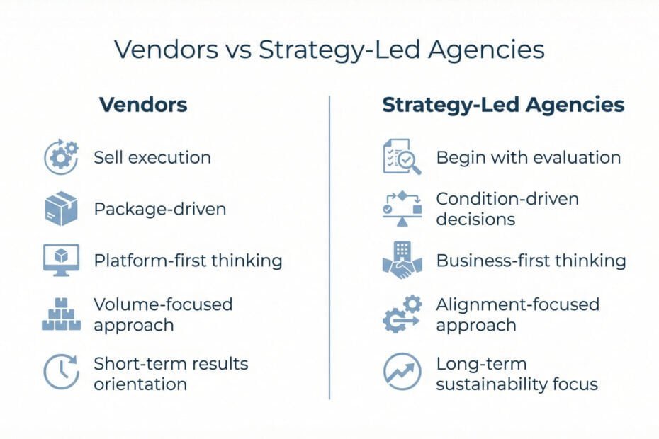 Diagram comparing vendors and strategy-led agencies, showing vendors focused on execution, packages, and volume, while strategy-led agencies begin with evaluation, alignment, and long-term sustainability.